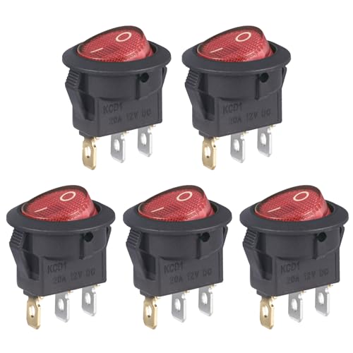 VEXUNGA Round Rocker Switch 12V 20A Red Light Iluminated Small Rocker Switch On Off 3 Pin Circle Square Toggles Switches for RV Car Truck Boat (Pack of 5pcs) - style: 5Pcs 3 Pin ON/OFF - Red