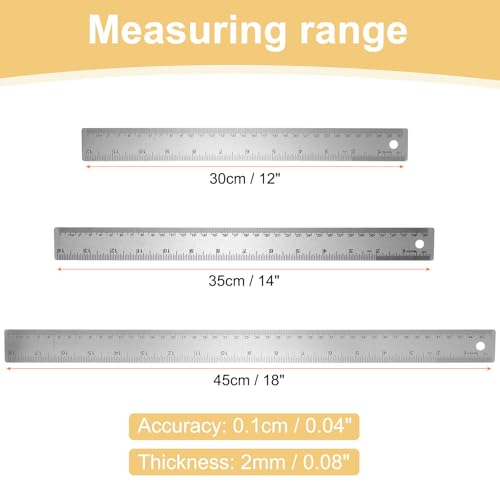 HARFINGTON 3pcs Stainless Steel Metal Ruler 30/35/45cm Straight Edges with Cork Backing Non-Slip Inch Metric Metal Ruler for Classroom Office Home Engineering Drafting Tools - size: 30/35/45cm