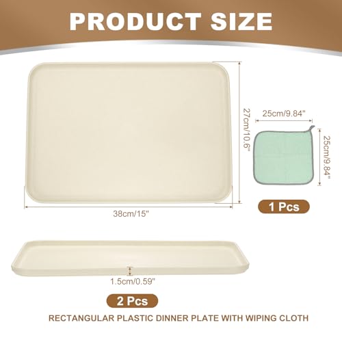 PATIKIL 15x10.6 Plastic Tray, 2 Pack Rectangular Plates Food Tray Wheat Plates Dishes Reusable Dessert Plate Trays with Cloth for Cake Fruits Salad Cupcake Steak Serving Beige - color: Beige, size: L(15"x10.6")