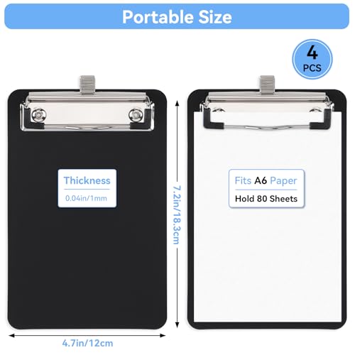 4.7x7.2in Plastic Clipboards Fits A6 Size Paper, 4 Pcs Writing Drawing Boards with Metal Pen Holder Loop, Ideal Working Accessory Convenient for Business School Cafeteria, Waterproof and Sturdy - color: Black, size: 4.7x7.2in - A6