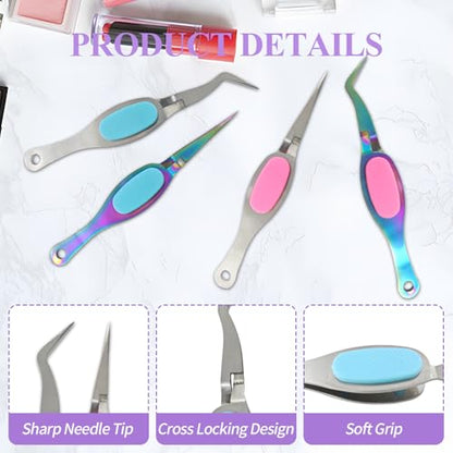 4PCS Reverse Tweezers Craft Tweezers with Soft Grip Crossing Lock for Crafting Precision Tools for Stickers, Jewelry Repair, and DIY Projects (Straight & Curved Tips) - size: 4PCS