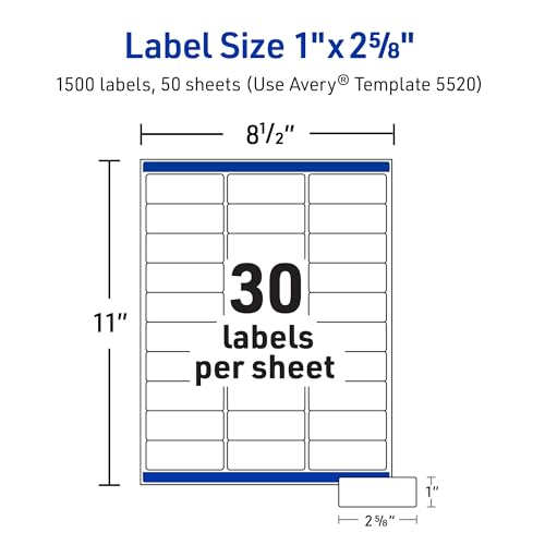 Avery Durable Waterproof Address Labels with Sure Feed Technology, 1" x 2-5/8", White, Laser & Pigment-Inkjet Compatible, 1,500 Blank Labels Total, Great for Mailing, Branding, and More (5520)