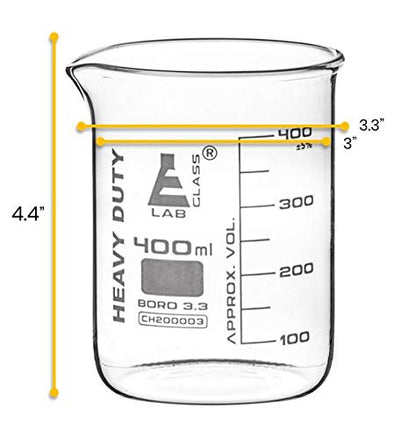 EISCO Heavy Duty Beaker, 400ml - 3.2mm Thick, Uniform Walls - Superior Durability & Chemical Resistance - White Graduations - Borosilicate 3.3 Glass