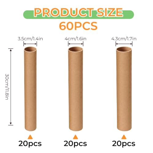 60 Pcs Cardboard Tubes for Crafts, 3 Size(1.4 x 11.8 In, 1.6 x 11.8 In, 1.7x 11.8 In), Empty Toilet Paper Rolls, Premium Kraft Paper Strong And Pressure-Resistant, Craft Tubes for Classroom DIY