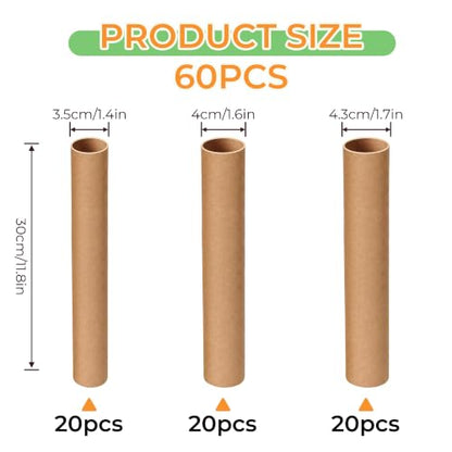 60 Pcs Cardboard Tubes for Crafts, 3 Size(1.4 x 11.8 In, 1.6 x 11.8 In, 1.7x 11.8 In), Empty Toilet Paper Rolls, Premium Kraft Paper Strong And Pressure-Resistant, Craft Tubes for Classroom DIY