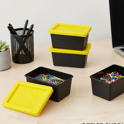 Storage Bins With Lids, 3.42" x 2" x 1.33" Mini Tote Bin with Snap-Fit Lid for Organizing Small Parts, Crafts, Hardware, & Office Supplies Storage, Black Base And Yellow Lid - 4PCS