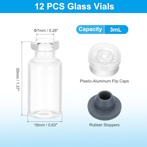 PATIKIL 12pcs 3ml Clear Borosilicate Glass Sample Vials with Aluminum Plastic Cap and Rubber Stopper for Lab Solid Liquid Powder Storage, Matt Silver Tone - color: Clear/Matt Silver Tone, size: 3ml