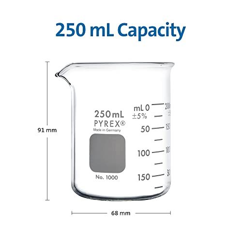 PYREX Griffin Borosilicate Glass Beaker- Low Form Graduated Measuring Beaker with Spout– Premium Scientific Glassware for Laboratories, Classrooms or Home Use - PYREX Chemistry Glassware, 250mL, 12/Pk - size: 250 mL