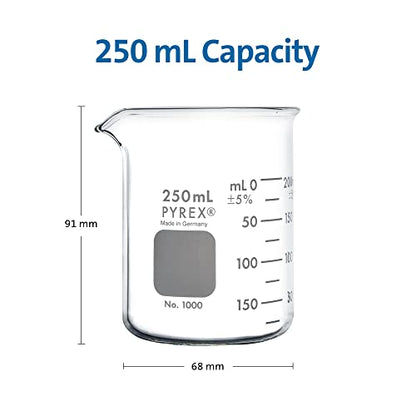 PYREX Griffin Borosilicate Glass Beaker- Low Form Graduated Measuring Beaker with Spout– Premium Scientific Glassware for Laboratories, Classrooms or Home Use - PYREX Chemistry Glassware, 250mL, 12/Pk - size: 250 mL