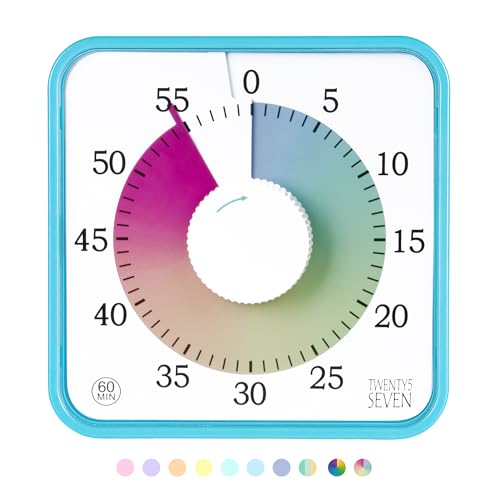 TWENTY5 SEVEN 7.5-Inch Visual Timer, Battery-Free 60-Minute Countdown Clock - color: Sky Blue/Colorful With White Knob