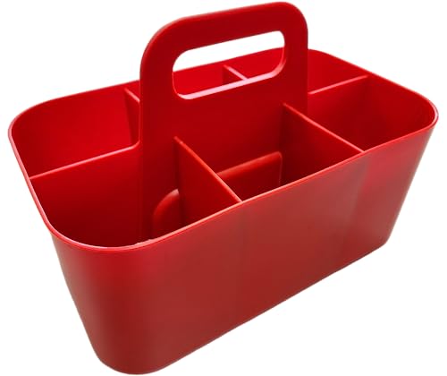 Small Stackable Plastic Caddy with Handle 6 Compartment | Desk, Makeup, Dorm Caddy, Classroom Art Organizers - 4 Pack, Made In USA (Red) - color: Red