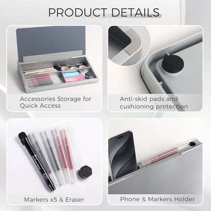 TOWON Glass Desktop Whiteboard with Storage 12x7 in, Metallic Silver - color: Metallic Silver