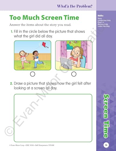 Evan-Moor Skill Sharpeners STEAM Workbook, Kindergarten, Science, Technology, Engineering, Art, Math, Hands On Activities, Helping Others, Collaboration, Solve Real World Problems, Puzzles, Homeschool