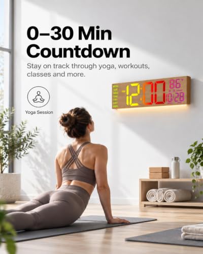 HAITANG 16.2" Wood Digital Wall Clock, 8 Colors, Remote & Night Light - color: Wood