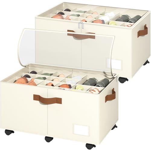 Foyego 2 Pack Shoe Organizer for Closet, Shoe Storage with Wheels, Beige - color: Beige, size: 25 ½"L x 17"W x 12 ½"H-2 Pack