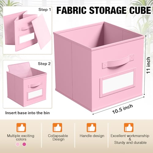 10 Pack Fabric Storage Cubes with Label 11" Collapsible Cube Bins, Pink - color: Pink, Rose Red, size: 11 Inch