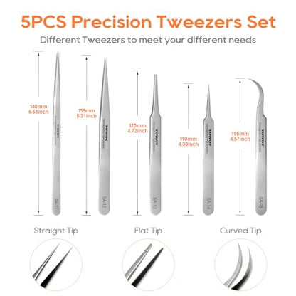 TOWOT Precision Tweezers, Stainless Steel Pointed Tweezers for Craft, Electronics, Soldering, Experimental Work, Jewelry-Making, Non-Magnetic Industrial Tweezers - size: 140mm