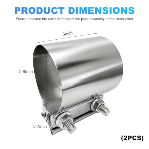 Exhaust Clamp, Stainless Steel Butt Joint Band Muffler Clamp with Nuts, Durable Butt Joint Exhaust Pipe Sleeve Coupler Replacement for Most Vehicles, Car Accessories (2.75”) - color: 2.75”, 1 Pcs