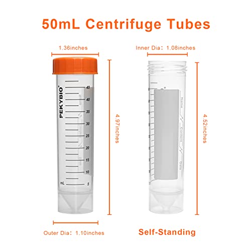 PEKYBIO Centrifuge Tubes 50ml Self-Standing Sterilized Polypropylene Graduated Test Tube with Seal Screw Cap Sample Storage Container, Pack of 50 - size: 50ML Self Standing