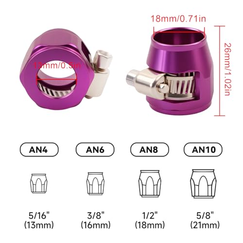 Aluminum Hose End Finisher Clamp, Universal Fit, Red Chrome Finish, 4pcs Set for Stainless Steel and Rubber Hoses, Model (Purple, 8AN) - color: Purple, size: 8AN