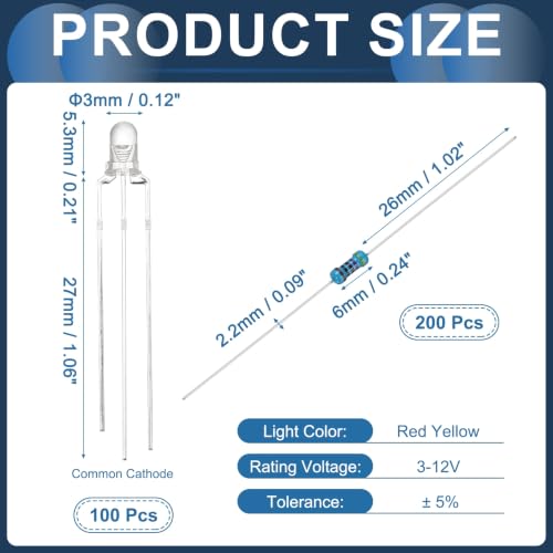MECCANIXITY 100pcs 3mm LED Diode Lights, Red Yellow Common Cathode DC 3-12V - color: Red Yellow, size: 3mm