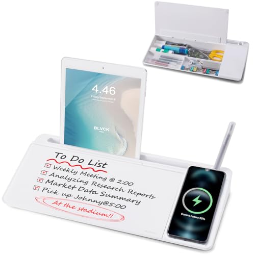 Small Glass Desktop Whiteboard Dry-Erase-Board - Computer Keyboard Stand with Wireless Charger White Board Surface Pad with Drawer, Desk Organizers with Accessories for Office, Home, School Supplies - color: Wireless Charging - White