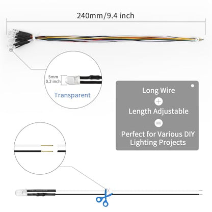 DiCUNO 120Pcs (6 Colors × 20Pcs) 5MM Pre Wired 12V LED Diodes, 9.4" Lead - color: 6 Colors