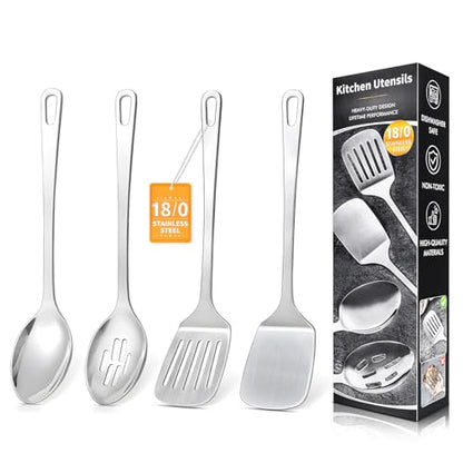 4 Pcs Cooking Utensils Set, Stainless Steel Kitchen Utensils, Heat Resistant Metal Kitchen Tools Include Solid & Slotted Turner Wok Spatula, Serving Spoon, Ergonomic Handle, Easy to Clean, Silver - color: A. 4 Pieces