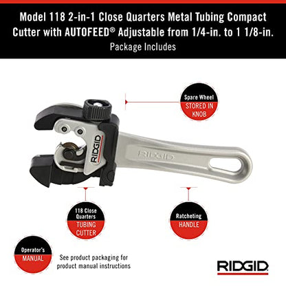 RIDGID 32573 Model 118 2-in-1 Close Quarters Tubing Cutter for 1/4" to 1-1/8" Copper, Brass, and Aluminum Tubing, Compact tubing cutter with AUTOFEED - size: 13 x 6.75 x 2 inches