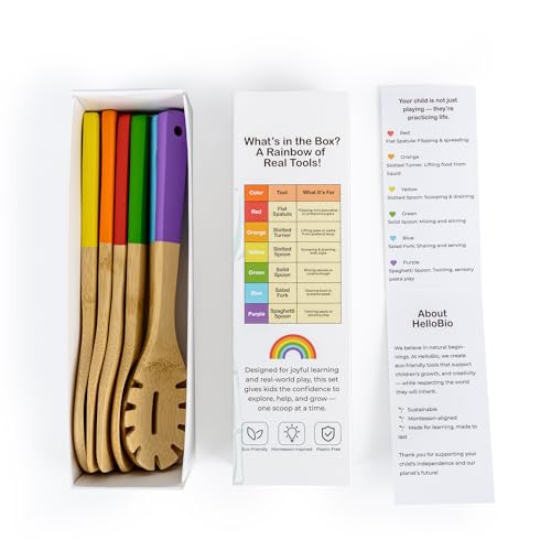 Rainbow Bamboo Kitchen Utensil Set for Kids – Montessori-Inspired 6-Piece Real Cooking Tools | Ages 2+ | Natural Bamboo | Color-Coded | Thoughtful Gift for Toddlers & Preschoolers