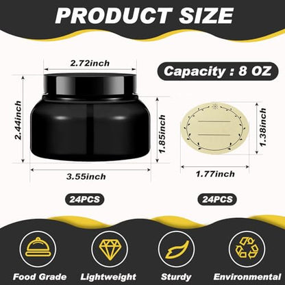 24 Pack Plastic Cosmetic Jars with Lids Label, 8 oz, Black - color: Black, size: 8 oz