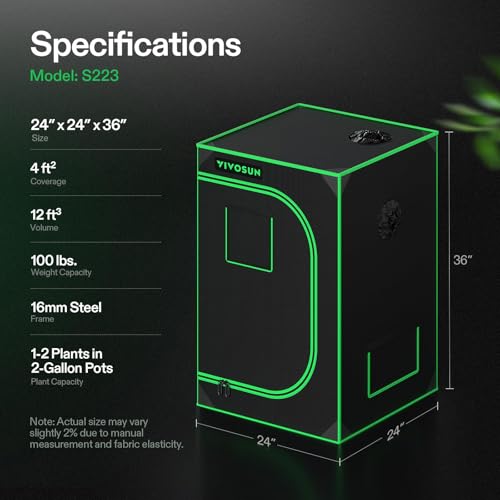 VIVOSUN S223 2x2 Grow Tent 24"x24"x36" Small Mylar Tent for Indoor Plants - size: 24"x24"x36"