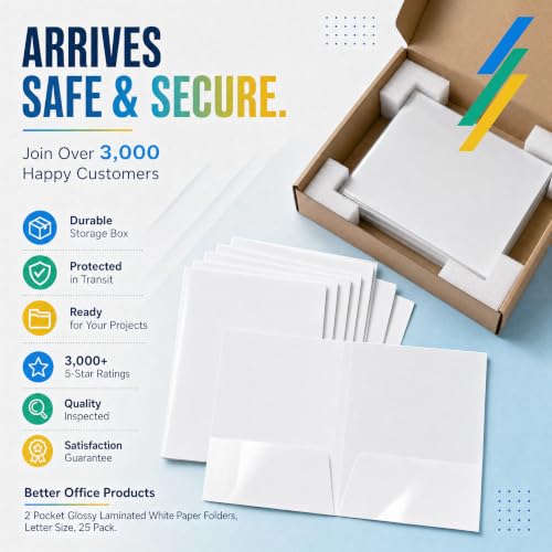 Better Office Products 2 Pocket Glossy Laminated White Paper Folders, Letter Size, 25 Pack, White Paper Portfolios, Box of 25 - color: White