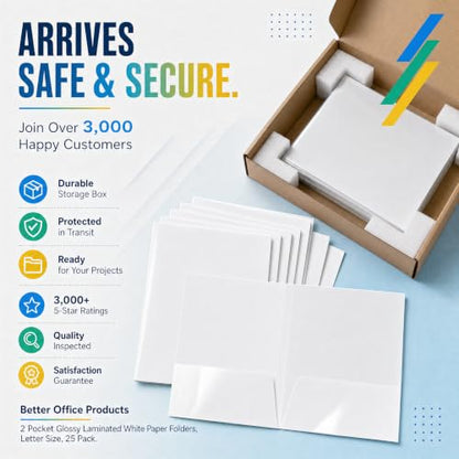 Better Office Products 2 Pocket Glossy Laminated White Paper Folders, Letter Size, 25 Pack, White Paper Portfolios, Box of 25 - color: White