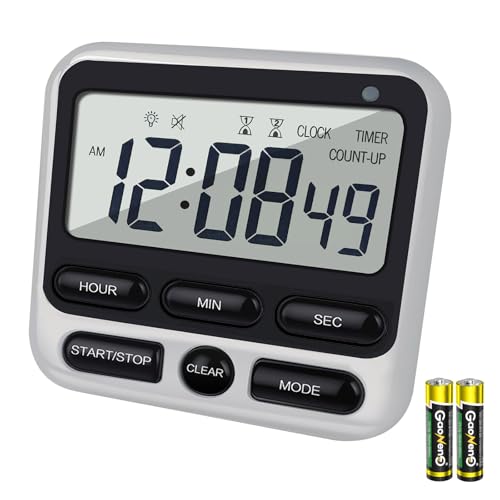 Digital Dual Kitchen Timer with Strong Magnet,24-Hour Countdown & Stopwatch,Loud Alarm,12/24 Hour Clock Switch,Calendar,Visual Indicator Light,Mute Option,3 Placement Options (Batteries Included)
