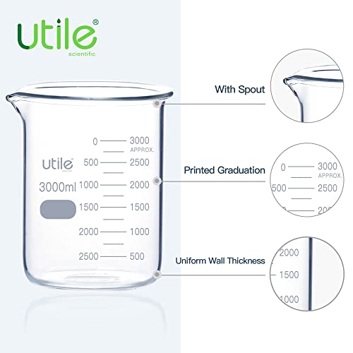 Utile 101.45oz(3000ml) Low Form Glass Beakers, Borosilicate 3.3 Glass with Printed Graduation, 4000.3000.1 - style: Vol.3000ml
