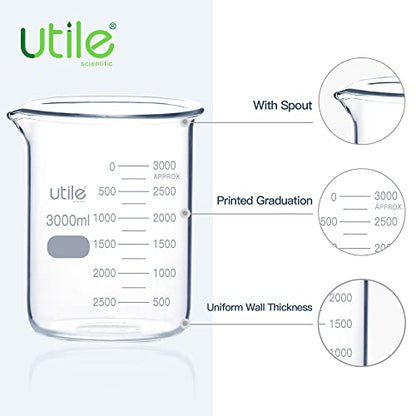 Utile 101.45oz(3000ml) Low Form Glass Beakers, Borosilicate 3.3 Glass with Printed Graduation, 4000.3000.1 - style: Vol.3000ml
