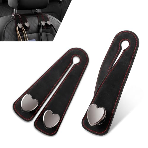 2 PCS Car Seat Headrest Hooks, 2‑in‑1 Car Back Seat Hanger with Phone Holder, Suede Heart‑Shaped Alloy Double Hooks for Umbrellas Purse Grocery Bag Hanger, Foldable Storage Hook for Most Cars (Black)