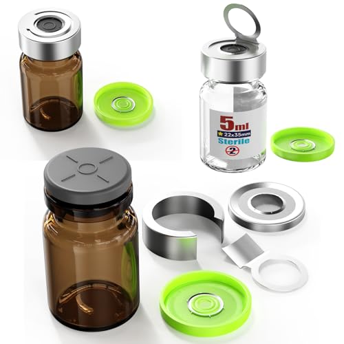 Sterile Empty Vial Sealed with 20mm Self Healing Injection Port and Burr Free Tear Off Plastic Aluminum Cap, Borocilicate Glass Sample Vial with Pull Ring Cover (Amber, 5mL)