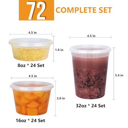 72 Sets (144-Piece) Deli Containers with Lids, 32/16/8 oz X 24 Set Each - size: 32/16/8 oz X 24 Set