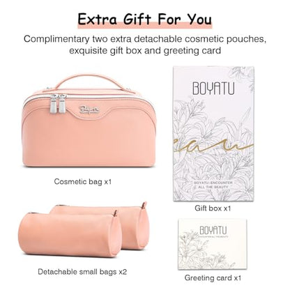 BOYATU Travel Makeup Bag Organizer Cosmetic Bag: 3 Pcs Set Make up Bags for Women with Handle - Waterproof Vegan Leather Toiletry Bags Travel Essentials Pouch with Compartments (C-05-Pink) - color: 04-B-Pink