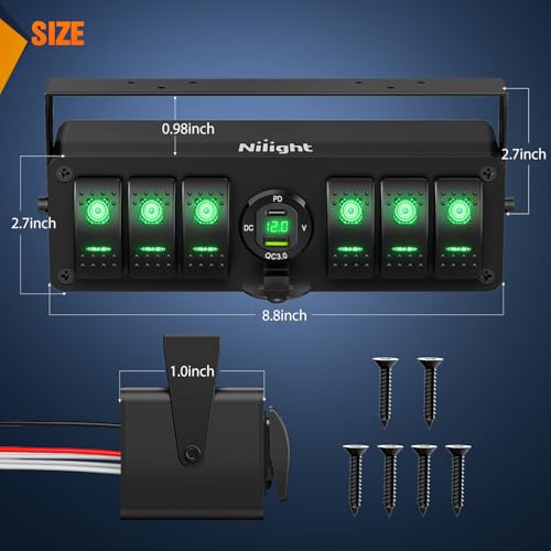 Nilight 6 Gang Rocker Switch Box 12V SPST ON Off Toggle Switches PD Type C and QC 3.0 USB Charger Voltmeter LED Light Waterproof Aluminum Mount Bracket Panel DIY Stickers for Boat Car RV Truck - color: Green+Box, size: 6+1 Gang Type C +USB
