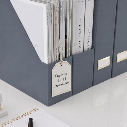 BLU MONACO | Set of 6 Foldable Grey Magazine File Holders with Gold Label Holders | Vertical File Organizer Boxes for Desk, Bookshelf & Home Office Storage - color: Grey