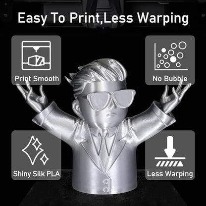 Silk Sliver PLA Satin Shiny 3D Printer Filament, 1.75mm Diameter 1kg Spool 2.2lbs for FDM 3D Printers - color: Silver