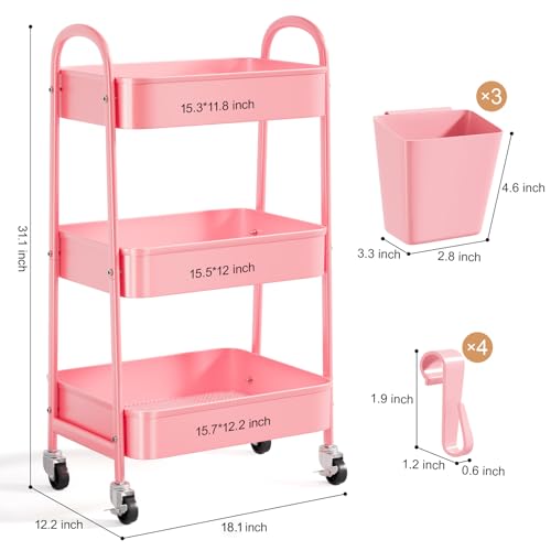 3 Tier Metal Rolling Cart with Lockable Wheels, Three Tiered Storage Carts - color: Fashion Pink, size: 3 tier