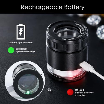 10X Rechargeable Jewelers Loupe Magnifier with LED Lights and 3 Reticle Scales, 25 mm Field of View, Adjustable Focus LED Scale Loupe Jewelry Magnifying Glass for Gems, Coins, Watch, Stamps, Plants - color: 3 Glass Reticle Scale