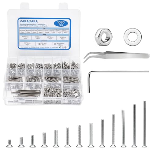 1080pcs M3 Flat Head Screw Assortment Kit with Nuts and Washers - size: 1080pcs