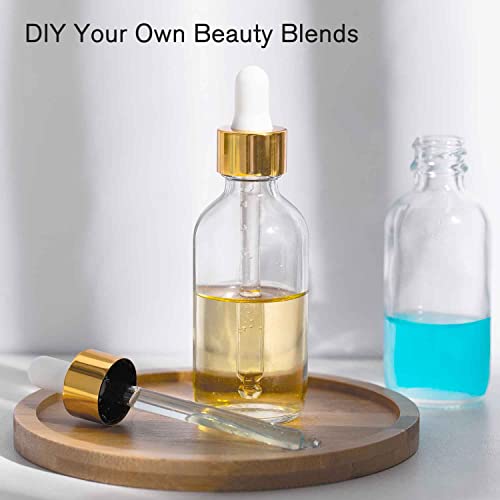 PrettyCare Glass Eye Dropper Bottle 2oz (60ml), 24 Pcs Clear Empty Thick Bottles Bulk with Leakproof Golden Caps - With Labels & Funnels for for Storage, Travel,Essential Oils, DIY Serums, Tincture - color: 2oz Clear, style: 24 Pack