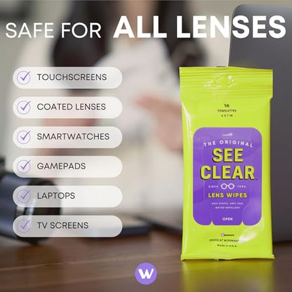 See Clear Original Lens Cleaning Wipes - Pre-Moistened Eyeglass & Screen Cleaning Cloth Towelettes - Streak Free, Scratch Free Lens & Electronic Screen Cleaner - 24 Resealable Packs of 16 (384 Wipes) - size: 16 Count (Pack of 24)