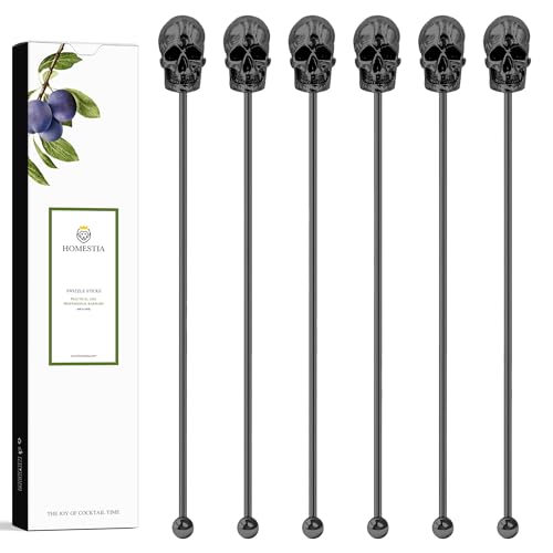 Homestia 6Pcs 7.5'' Metal Swizzle Sticks, Skull Halloween Cocktail Stirrers - color: Skull Series Black